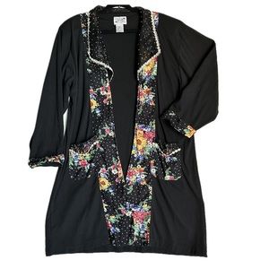 Vintage Lacy After Noon Black Embellished floral & lace Long Open Cardigan